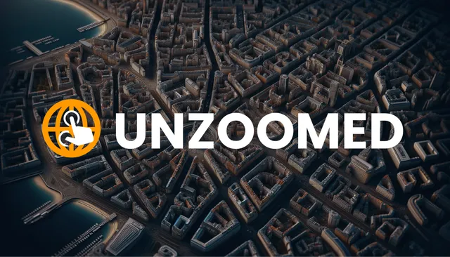 The Unzoomed logo over an aerial view of a waterfront city