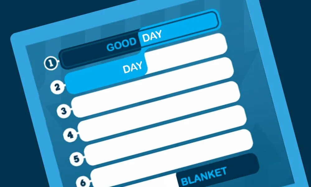 Up & Down Words press art: a numbered chain of answer bars from GOOD DAY down to BLANKET