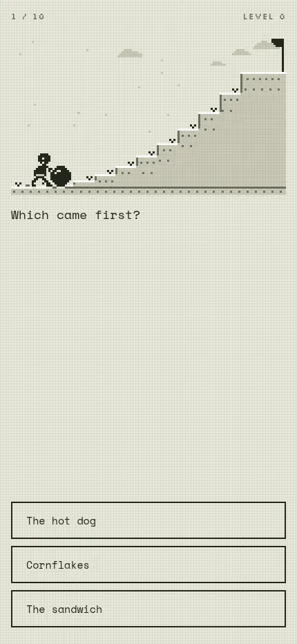 Uphill at phone size: the pixel-art hill above the question Which came first?, with three answer buttons at the bottom