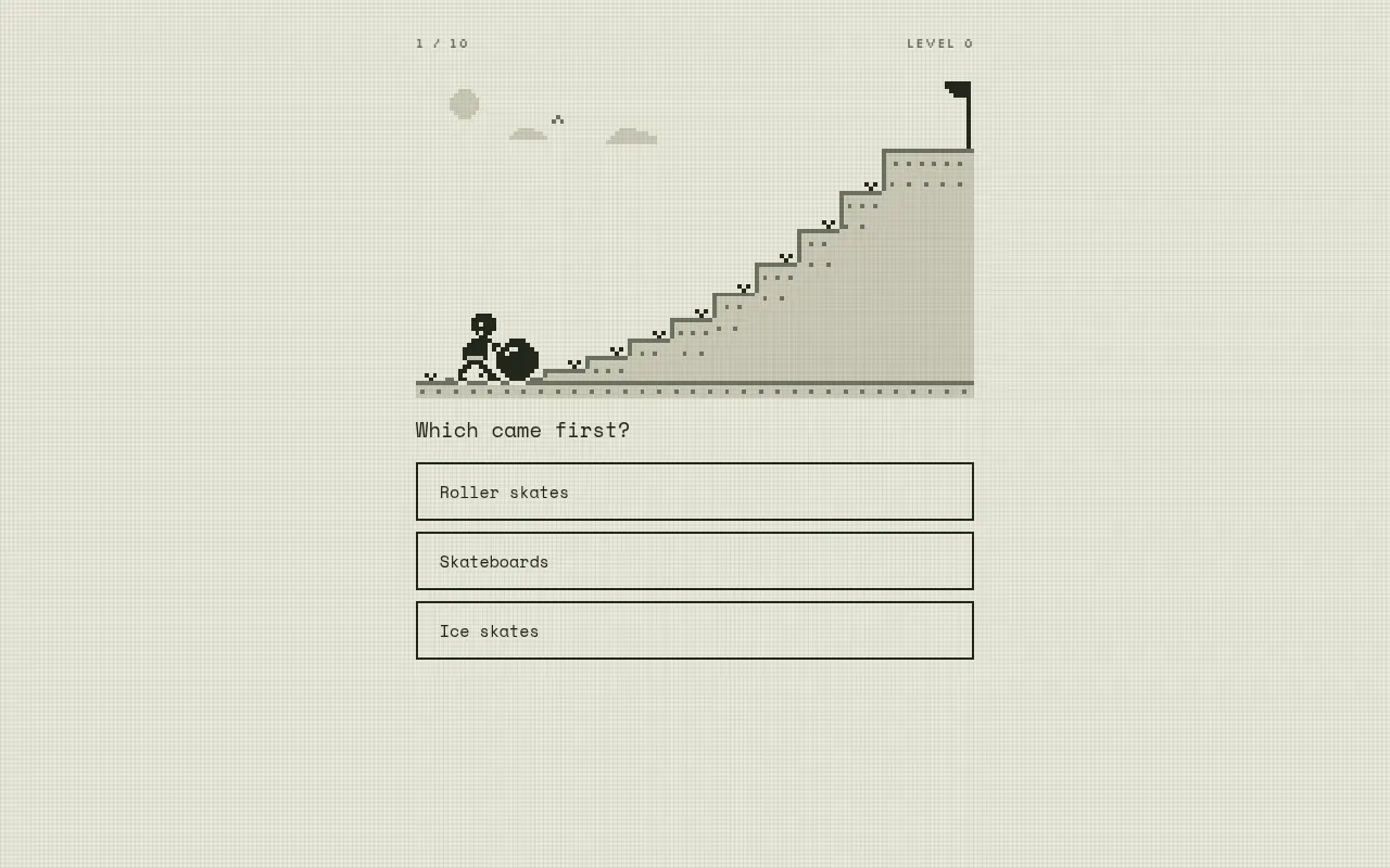 Uphill question 1 of 10: the boulder at the foot of the hill and the question Which came first? with roller skates, skateboards and ice skates