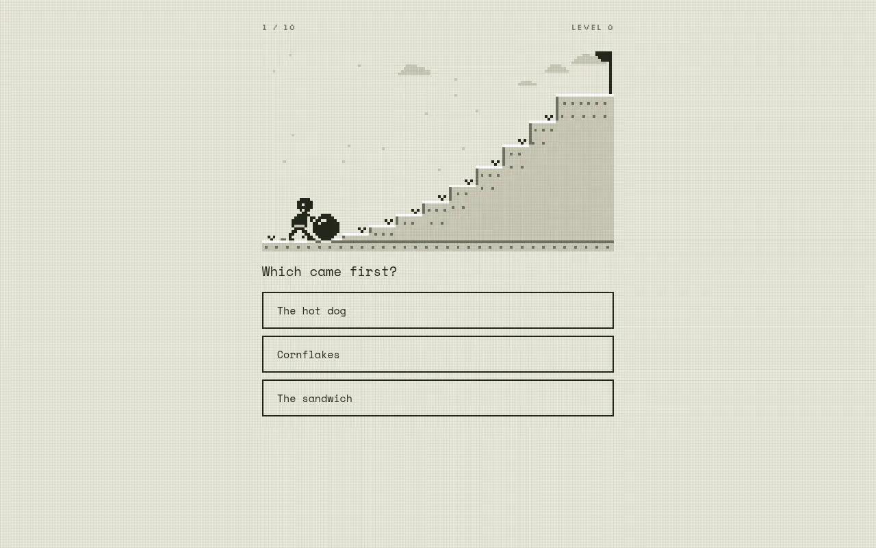 Uphill board for 19 October 2026: question 1 of 10, Which came first? (hot dog, cornflakes, sandwich), with the boulder at the foot of the stepped hill