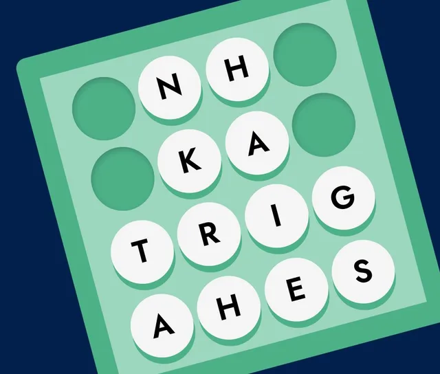 Upwordly press art: round letter tiles such as N, H, K, A and T to unscramble