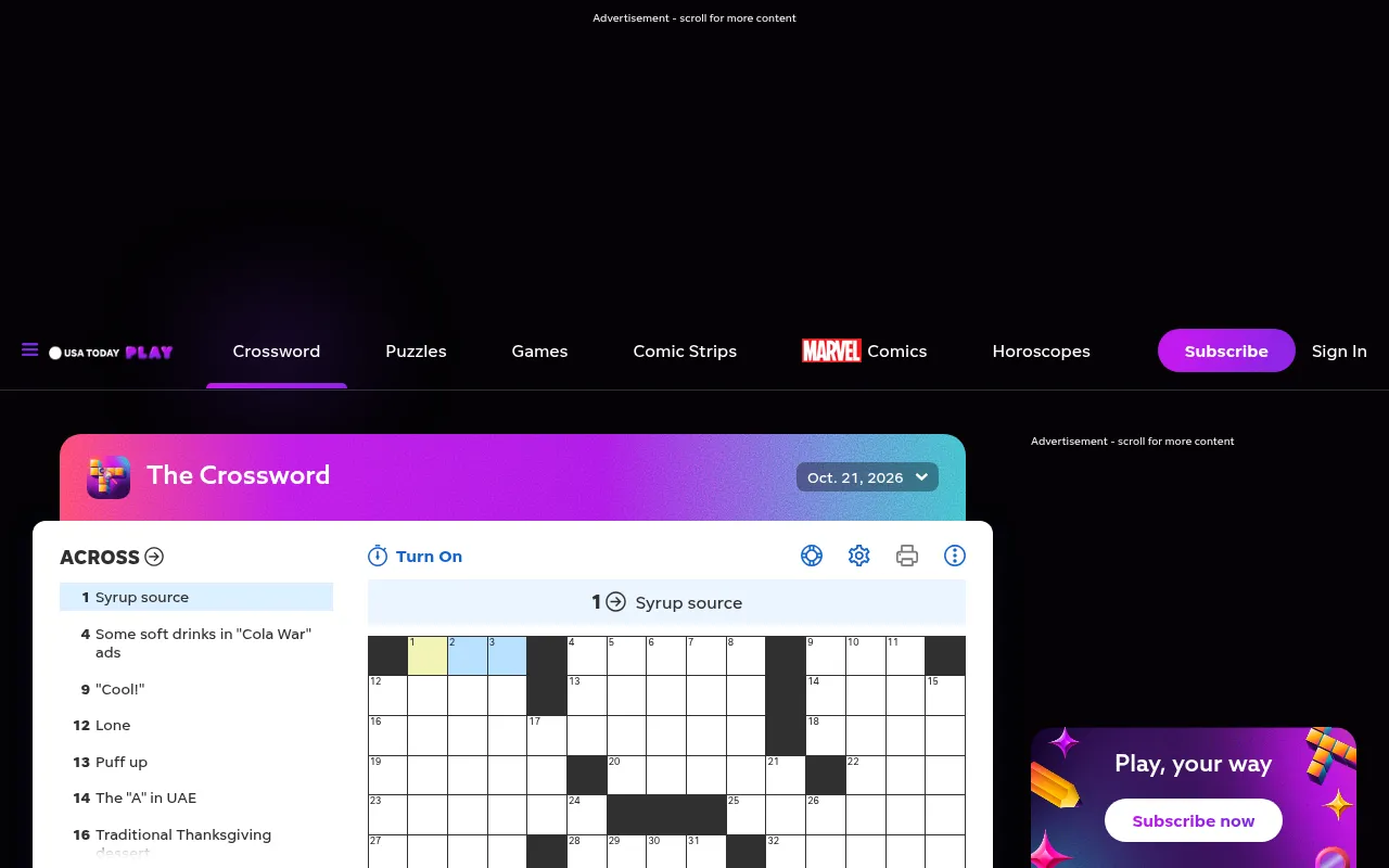 The Crossword on USA TODAY Play at desktop size, 21 October 2026: the Across clue list beside the top of the 15x15 grid