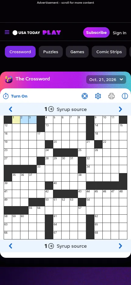 USA TODAY Crossword for 21 October 2026 on a phone: the empty 15x15 grid with clue 1 Across, Syrup source, highlighted