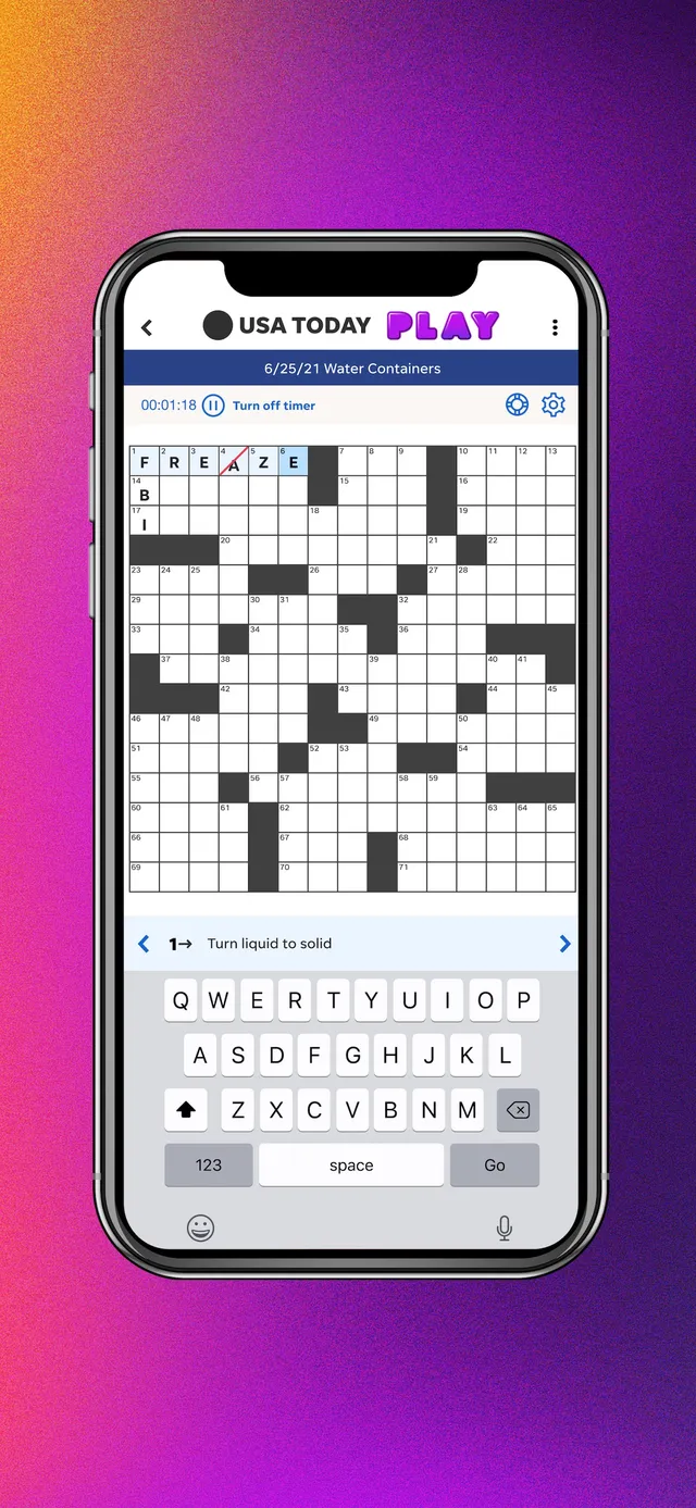 USA TODAY PLAY app on a phone with a crossword grid in progress, a timer and the on-screen keyboard