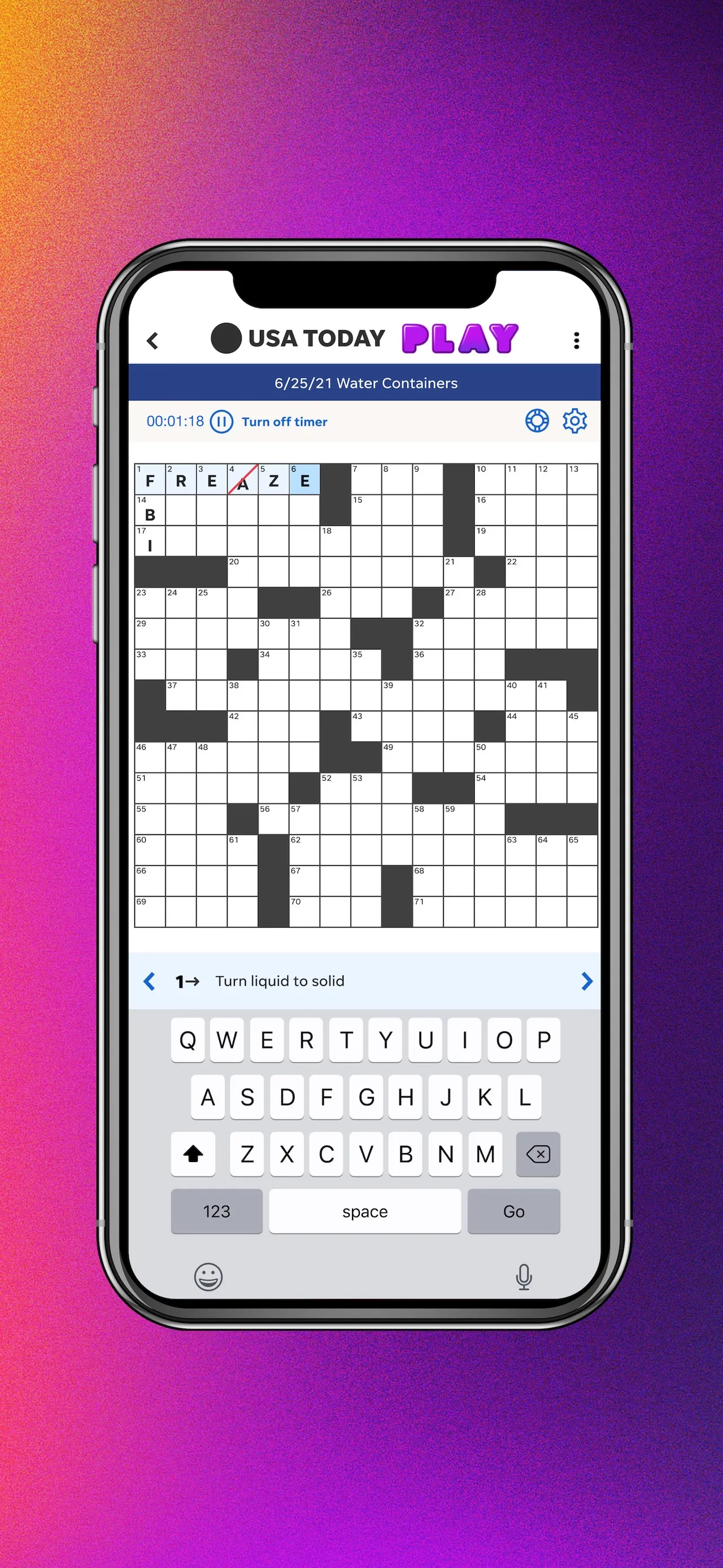 USA TODAY PLAY app on a phone with a crossword grid in progress, a timer and the on-screen keyboard