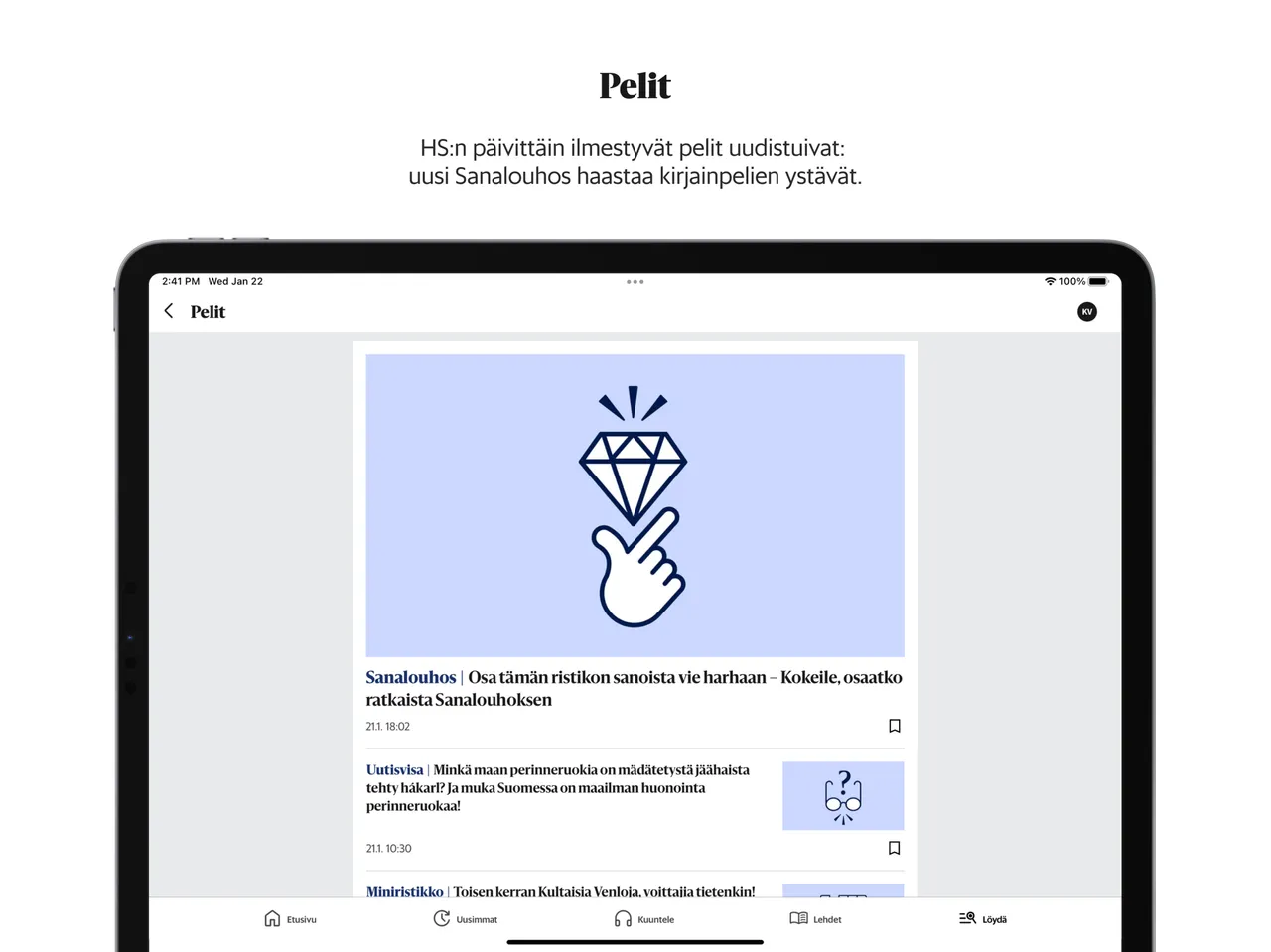 The games section of the HS app on iPad, listing Sanalouhos, Uutisvisa and Miniristikko
