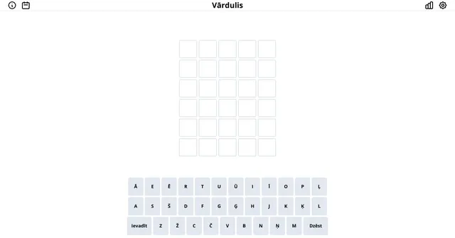 Vārdulis board with six empty rows and a Latvian keyboard with Ā, Ē, Ī, Ū and other Latvian letters