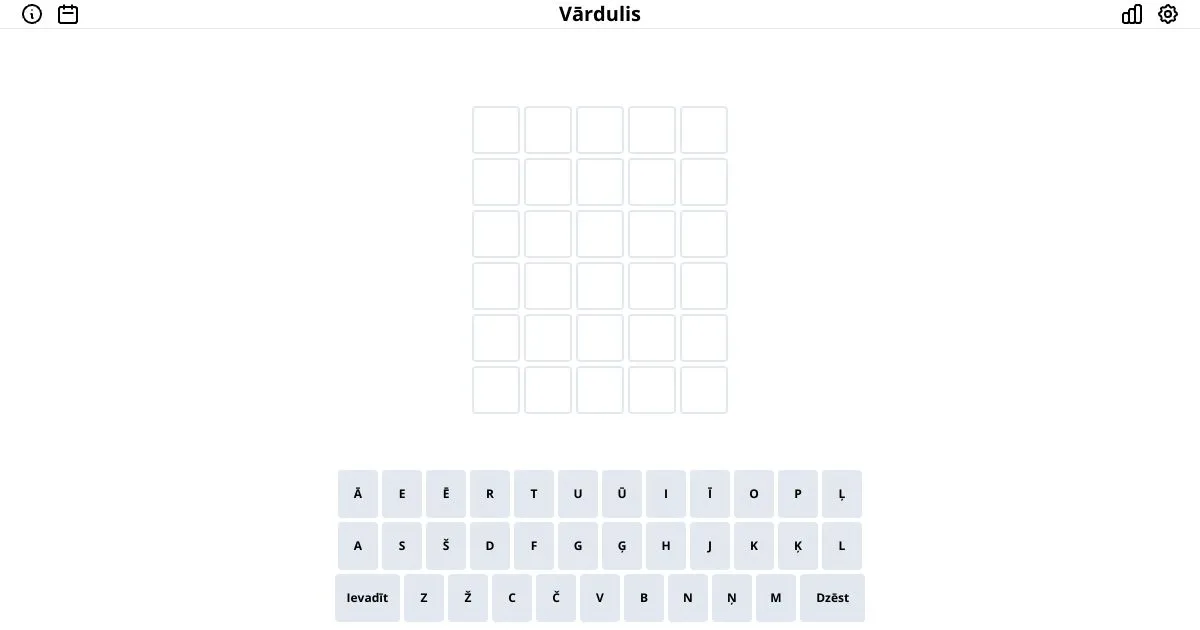 Vārdulis board with six empty rows and a Latvian keyboard with Ā, Ē, Ī, Ū and other Latvian letters
