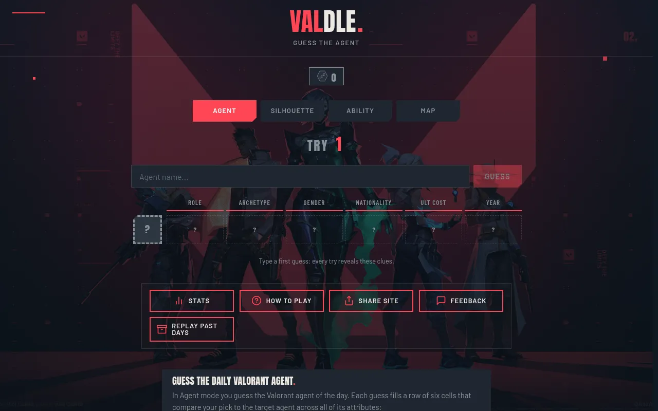 VALDLE's Agent mode before the first guess: an agent name box and empty clue cells for role, archetype, gender, nationality, ult cost and year