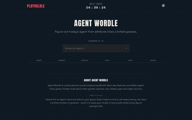 Valdle's Agent Wordle board: the agent search box with 0 of 5 guesses used, empty columns for agent, gender, species, role, year and origin, and the next drop countdown