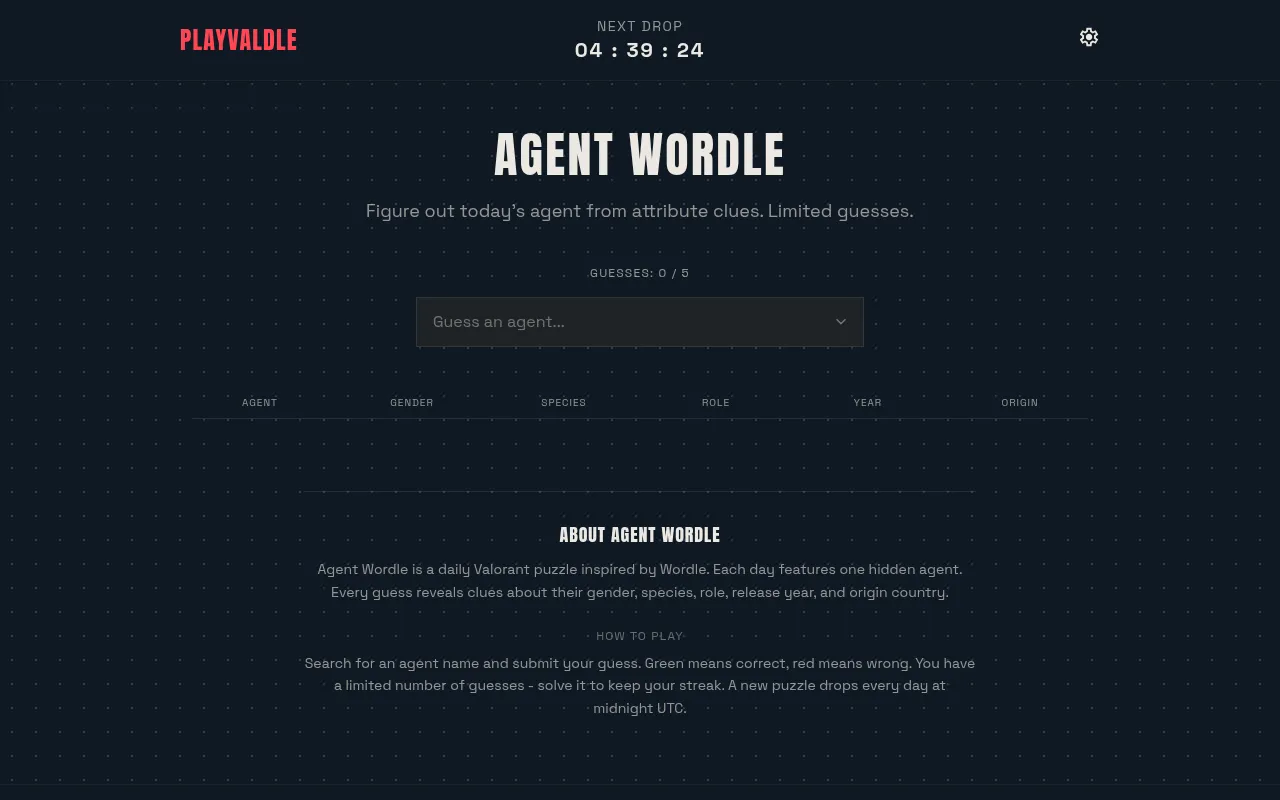 Valdle's Agent Wordle board: the agent search box with 0 of 5 guesses used, empty columns for agent, gender, species, role, year and origin, and the next drop countdown
