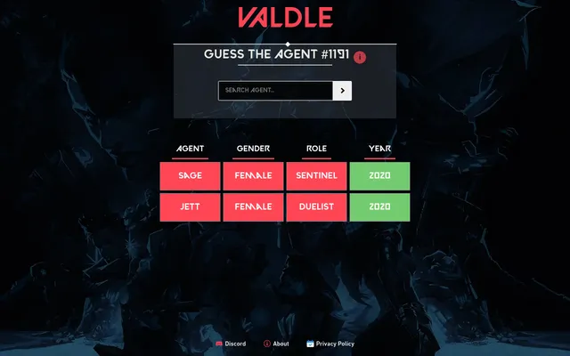 Valdle's Guess the Agent #1191 board with two guesses, Sage and Jett, each scored on gender, role and release year tiles