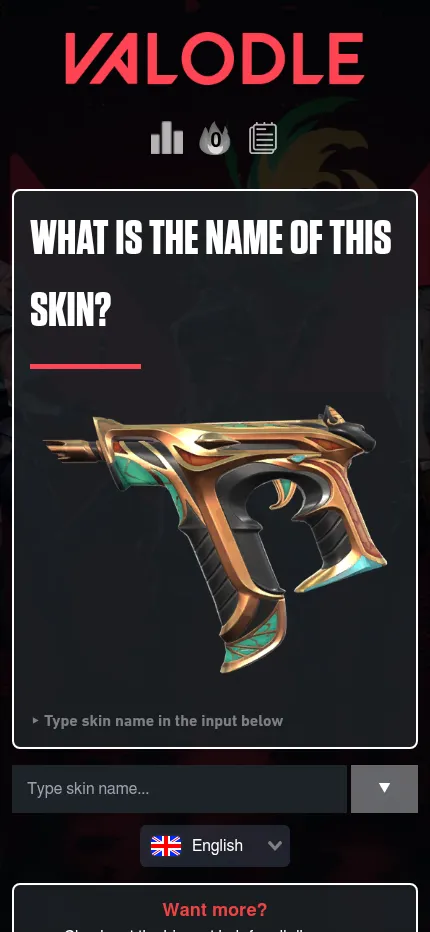 Valodle's Skin mode at phone size: today's weapon skin, a gold and teal pistol, above the box to type the skin's name