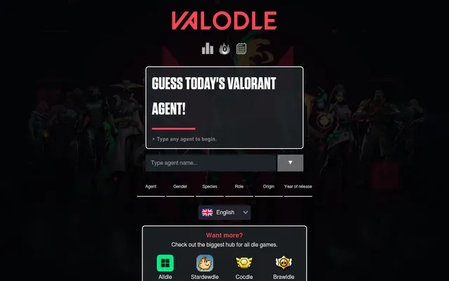 Valodle's Classic mode board: Guess today's Valorant agent, an agent name box and the clue columns Agent, Gender, Species, Role, Origin and Year of release, over a dimmed line-up of agents