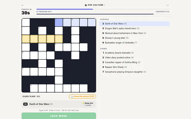 Vanishing Crossword's Pop culture puzzle: a 9x9 grid with gold anchor cells, a 39 second vanish timer, Vanishes 0/12, and across and down clues