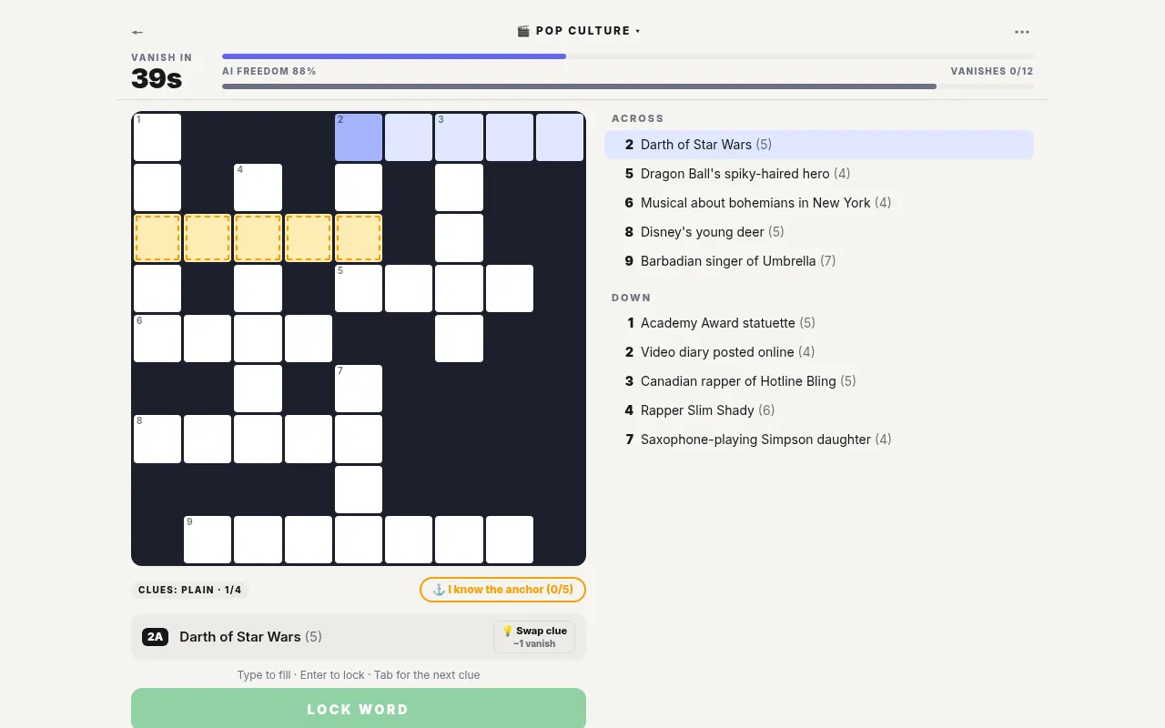Vanishing Crossword's Pop culture puzzle: a 9x9 grid with gold anchor cells, a 39 second vanish timer, Vanishes 0/12, and across and down clues