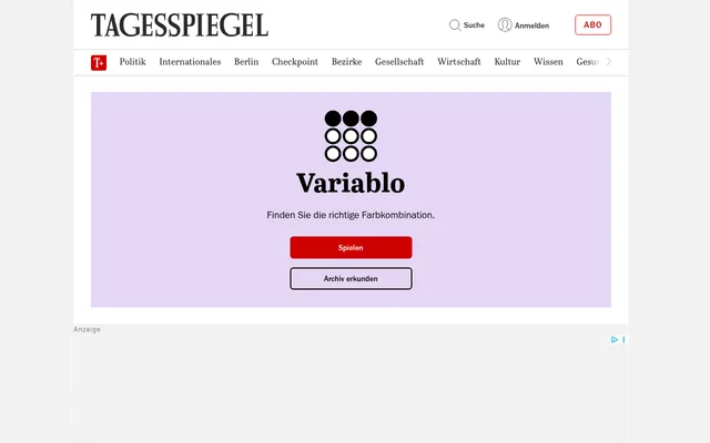 Variablo start card on the Tagesspiegel games page: the Variablo logo of a three by three grid of circles, the line Finden Sie die richtige Farbkombination, and Spielen and Archiv erkunden buttons