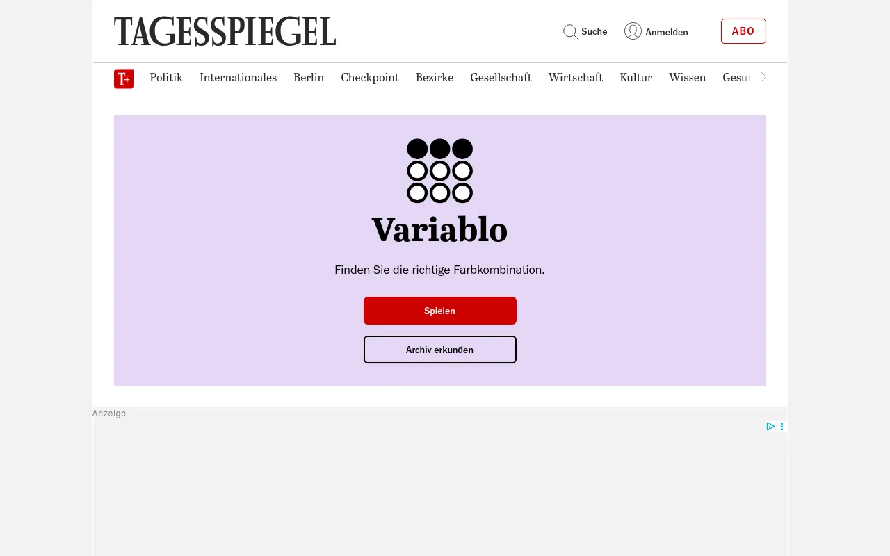 Variablo start card on the Tagesspiegel games page: the Variablo logo of a three by three grid of circles, the line Finden Sie die richtige Farbkombination, and Spielen and Archiv erkunden buttons