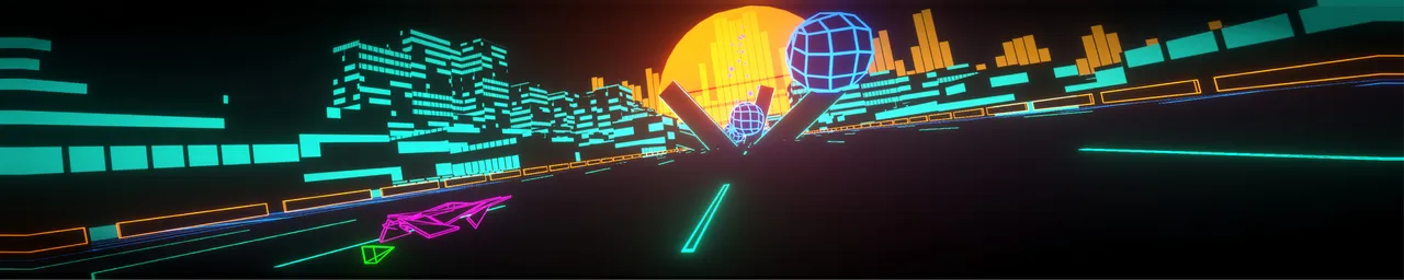 Vecter: a pink ship banks along the track toward a V-shaped barrier and wireframe spheres in a cyan city