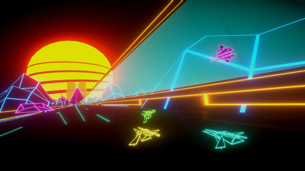 Vecter: a ship racing down a neon track at high speed