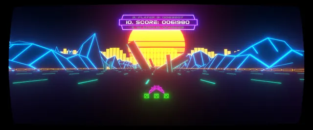 Vecter mid-run: a pink wireframe ship on a neon track below a striped sun, with the live leaderboard rank 10 shown above