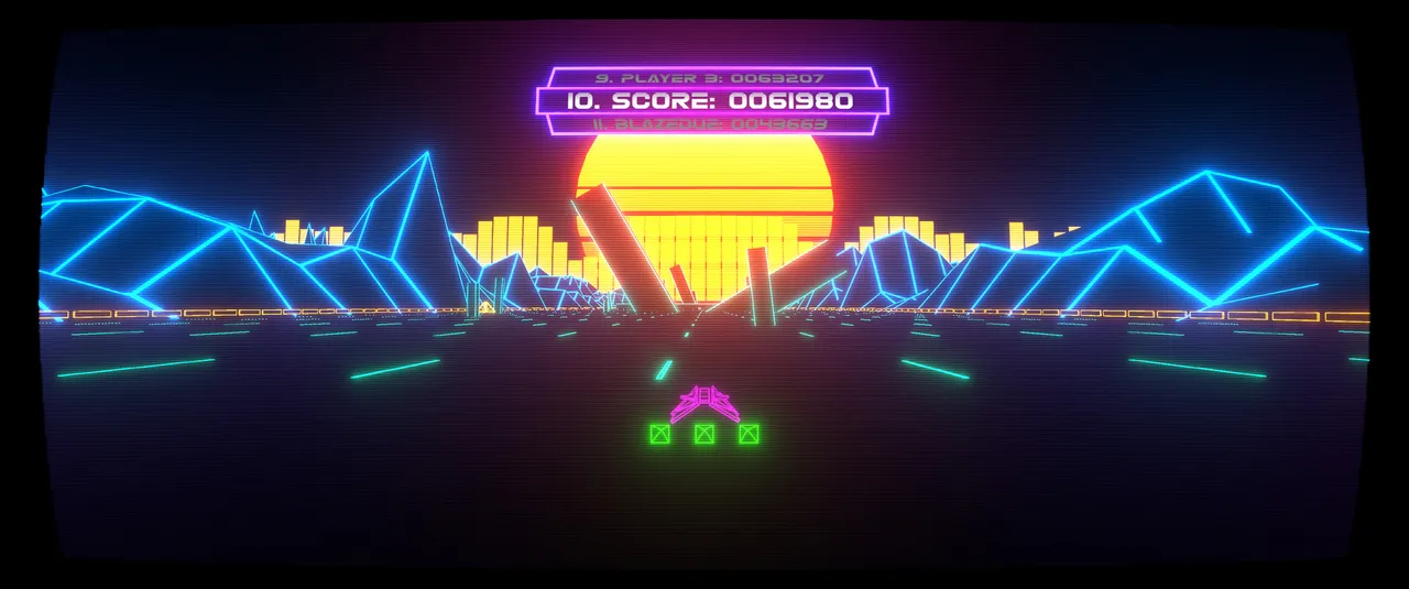 Vecter mid-run: a pink wireframe ship on a neon track below a striped sun, with the live leaderboard rank 10 shown above