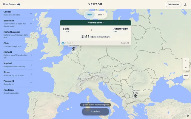Vector's Daily round 1 of 5: a map of Europe with Sofia and Amsterdam marked and a card asking 'Where is it now?' 2h11m into a 2h36m flight