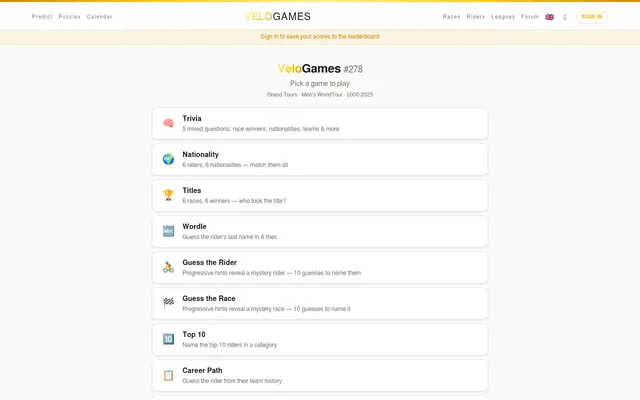 VeloGames #278: the day's list of cycling games, Trivia, Nationality, Titles, Wordle, Guess the Rider, Guess the Race, Top 10 and Career Path