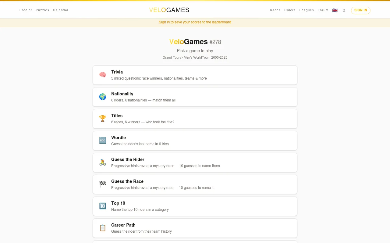 VeloGames #278: the day's list of cycling games, Trivia, Nationality, Titles, Wordle, Guess the Rider, Guess the Race, Top 10 and Career Path