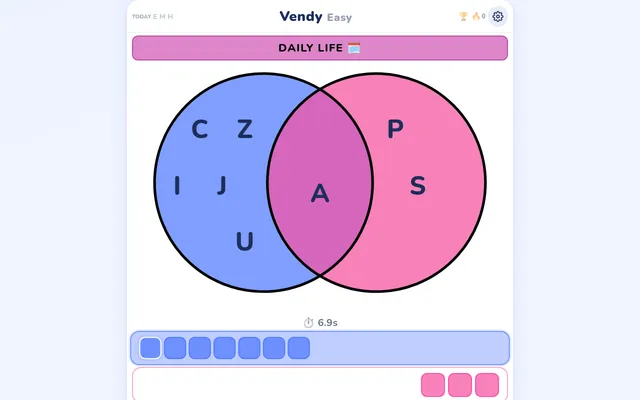 Vendy's Easy puzzle for today, themed Daily Life: a Venn diagram with C, Z, I, J and U in blue, P and S in pink and A shared, above the empty letter slots for both words
