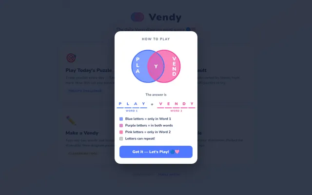 Vendy's How to play card: a blue and pink Venn diagram with P L A, V E N D and a shared Y, and the answer PLAY plus VENDY