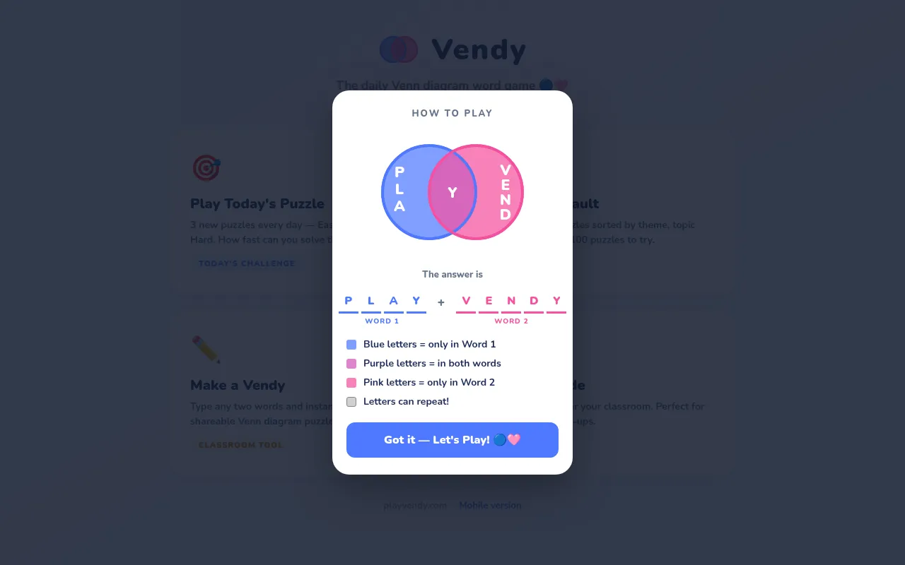 Vendy's How to play card: a blue and pink Venn diagram with P L A, V E N D and a shared Y, and the answer PLAY plus VENDY