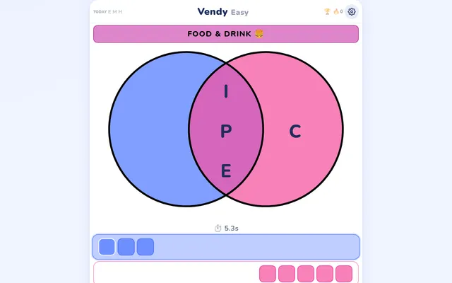 Vendy's Easy puzzle for 21 October 2026, themed Food & Drink: a blue and pink Venn diagram with I, P and E shared and C only in word 2, above the empty slots