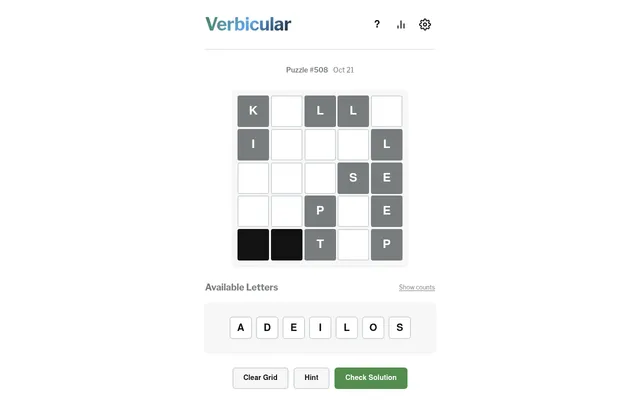 Verbicular puzzle #508 for Oct 21: a 5x5 grid with grey pre-filled letters K, L, L, I, S, E, P, T, two black squares, and the letters A D E I L O S to place below
