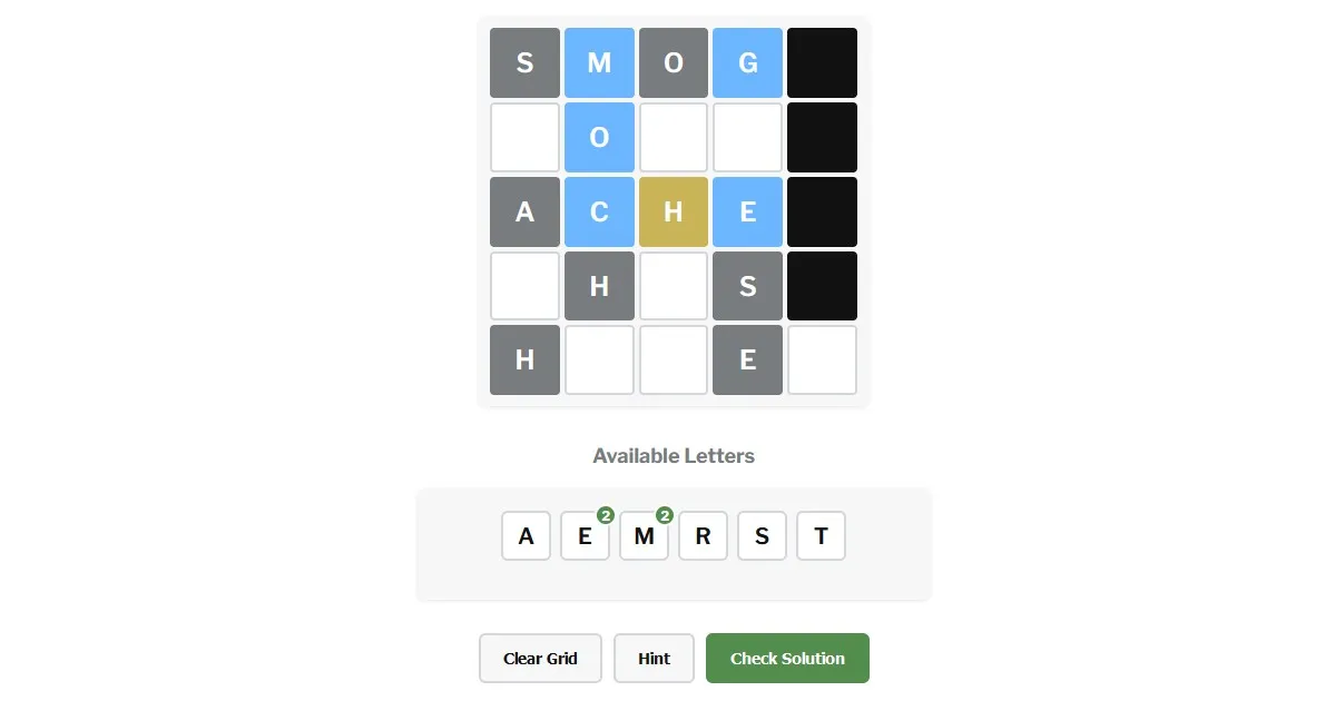 A Verbicular 5x5 grid with words such as SMOG and ACHE placed among grey pre-filled and black blocked squares, the available letters A E M R S T below, and Clear Grid, Hint and Check Solution buttons