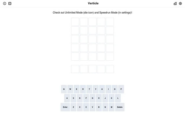 Verticle board before the first guess: a five by five grid of empty tiles with a separate answer row below and an on-screen keyboard; a note points to the Unlimited and Speedrun modes