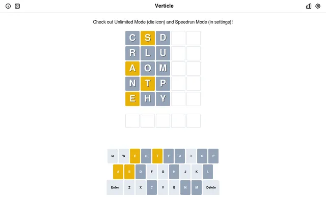 Today's Verticle board on a desktop with three guesses, CRANE, SLOTH and DUMPY, written down the columns, grey and yellow tiles, the empty answer row and the coloured keyboard