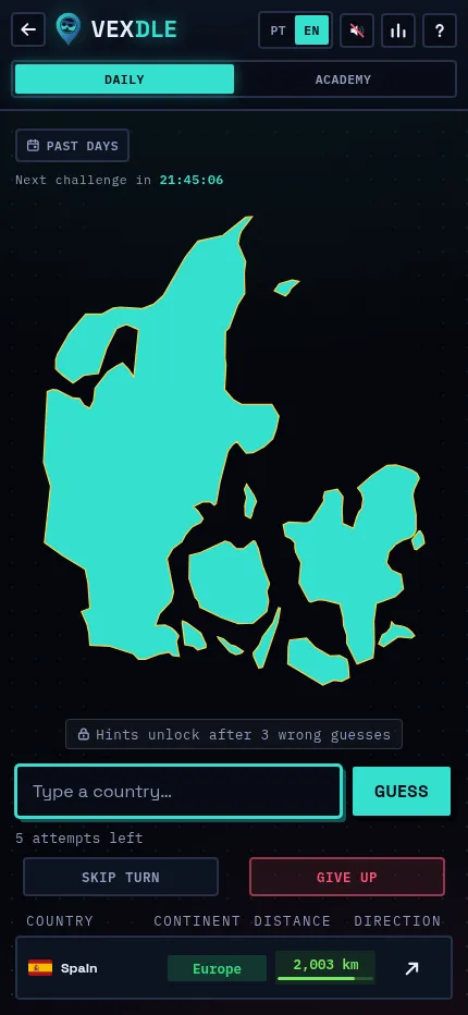 Vexdle's daily Shapes board on a phone: a country outline in teal, the guess box, and a guess of Spain at 2,003 km with a matching continent