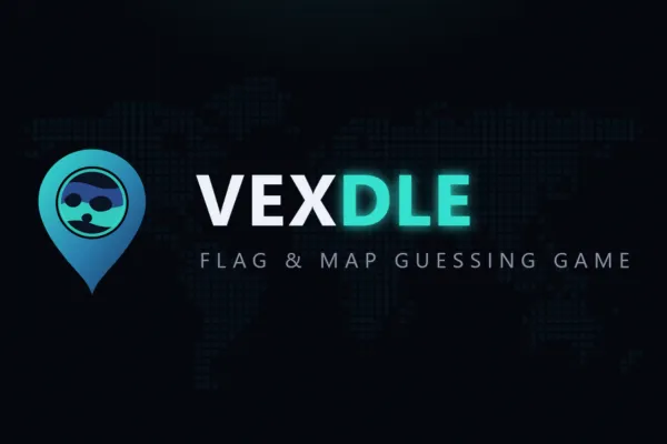Vexdle logo, Flag and map guessing game, over a dotted world map