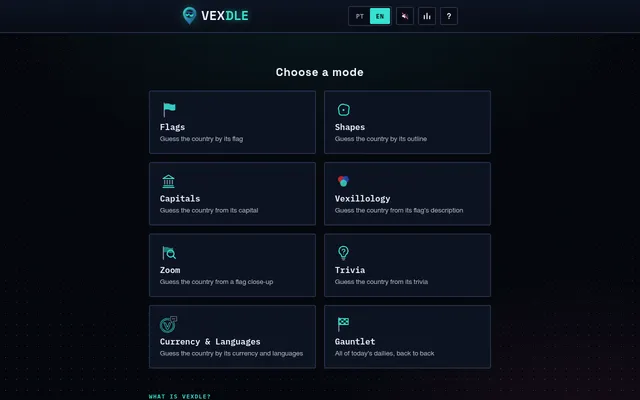 Vexdle in English: Choose a mode, with Flags, Shapes, Capitals, Vexillology, Zoom, Trivia, Currency and Languages, and Gauntlet