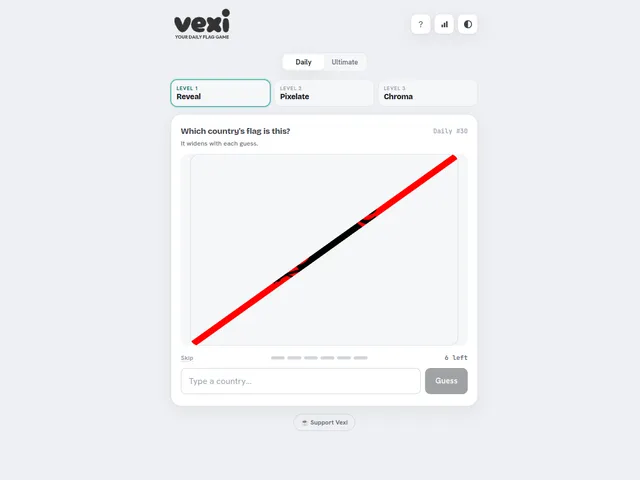 Vexi daily flag game showing the Reveal, Pixelate and Chroma levels and Daily #30 with a partly revealed red and black flag