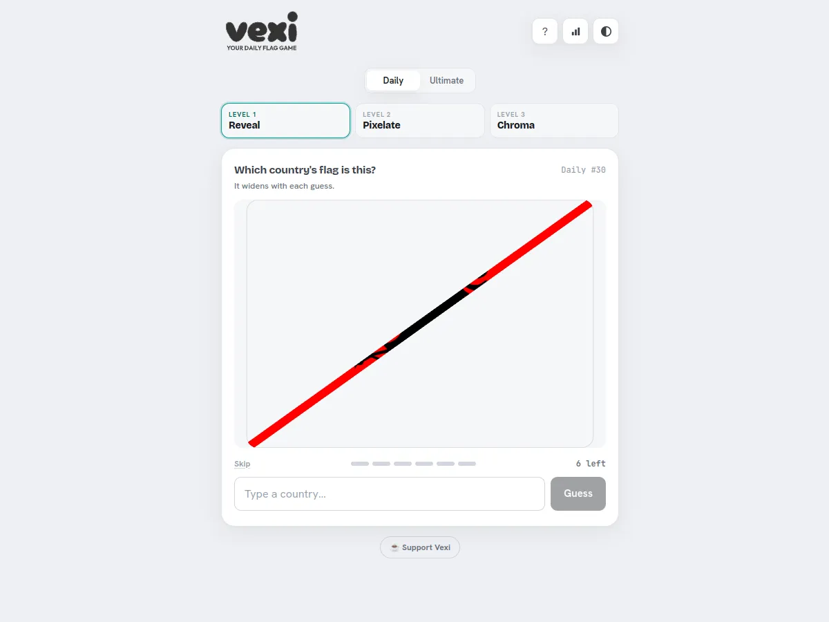 Vexi daily flag game showing the Reveal, Pixelate and Chroma levels and Daily #30 with a partly revealed red and black flag