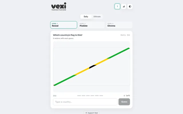 Vexi Daily #46: the Reveal level shows a thin diagonal strip of green, yellow and black from the day's flag above a guess box