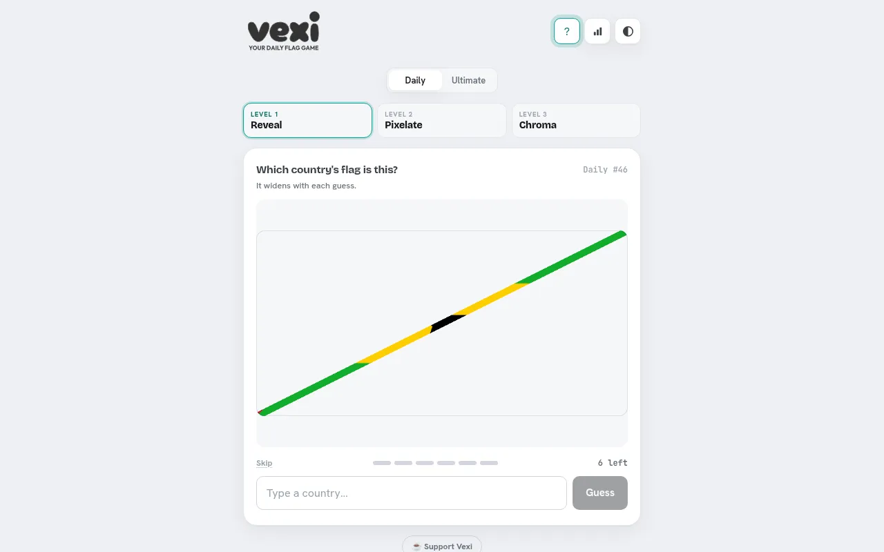 Vexi Daily #46: the Reveal level shows a thin diagonal strip of green, yellow and black from the day's flag above a guess box