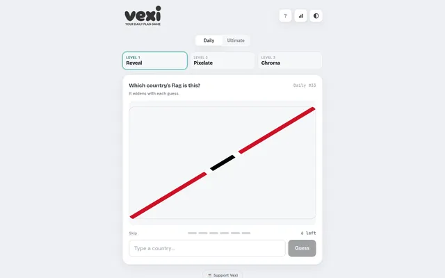 Vexi Daily: level 1 Reveal asks Which country's flag is this?, showing only a red, white and black diagonal strip, with Pixelate and Chroma levels next and a guess box