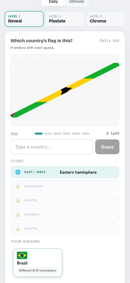 Vexi on a phone after a wrong guess of Brazil: the flag strip has widened and the Eastern hemisphere clue is unlocked