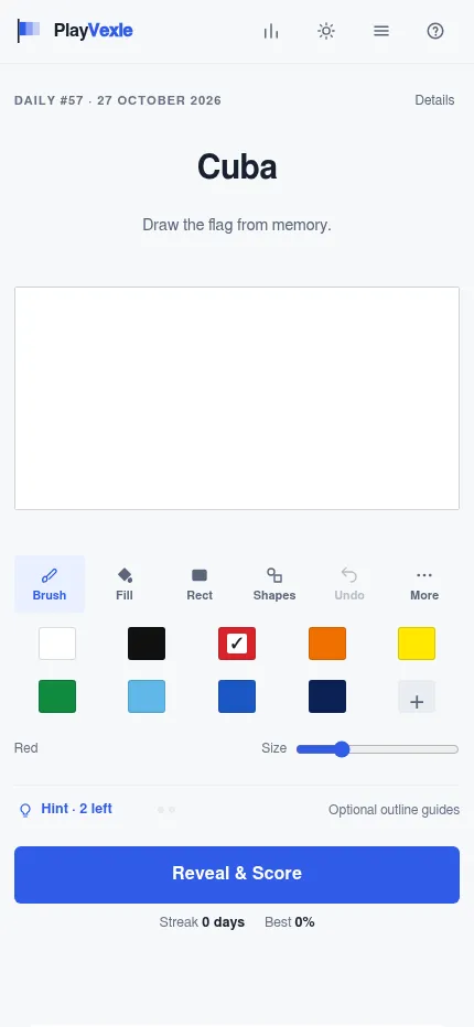 PlayVexle Daily #57 at phone size: Cuba above the drawing canvas, the tool row, two rows of colour swatches and the Reveal and Score button
