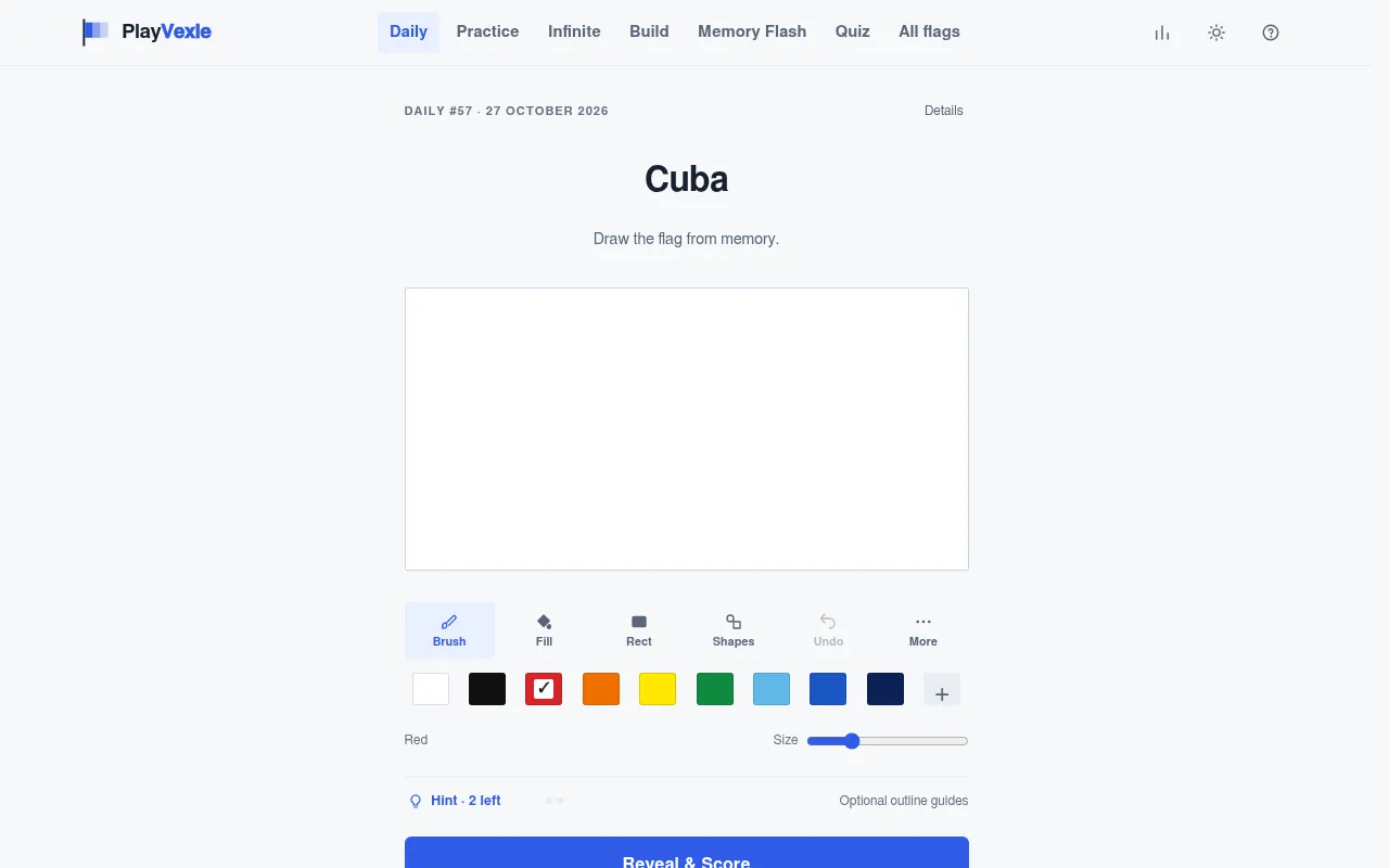 PlayVexle Daily #57 for 27 October 2026: the country name Cuba over a blank drawing canvas, with brush, fill, rectangle and shape tools, a row of colours and a hint button