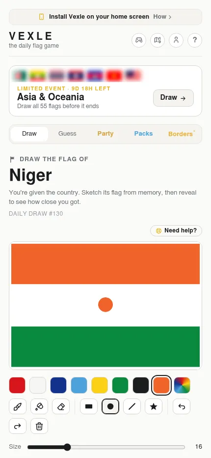 Vexle Daily Draw #130 on a phone: the flag of Niger sketched on the canvas, with the colour palette and drawing tools below